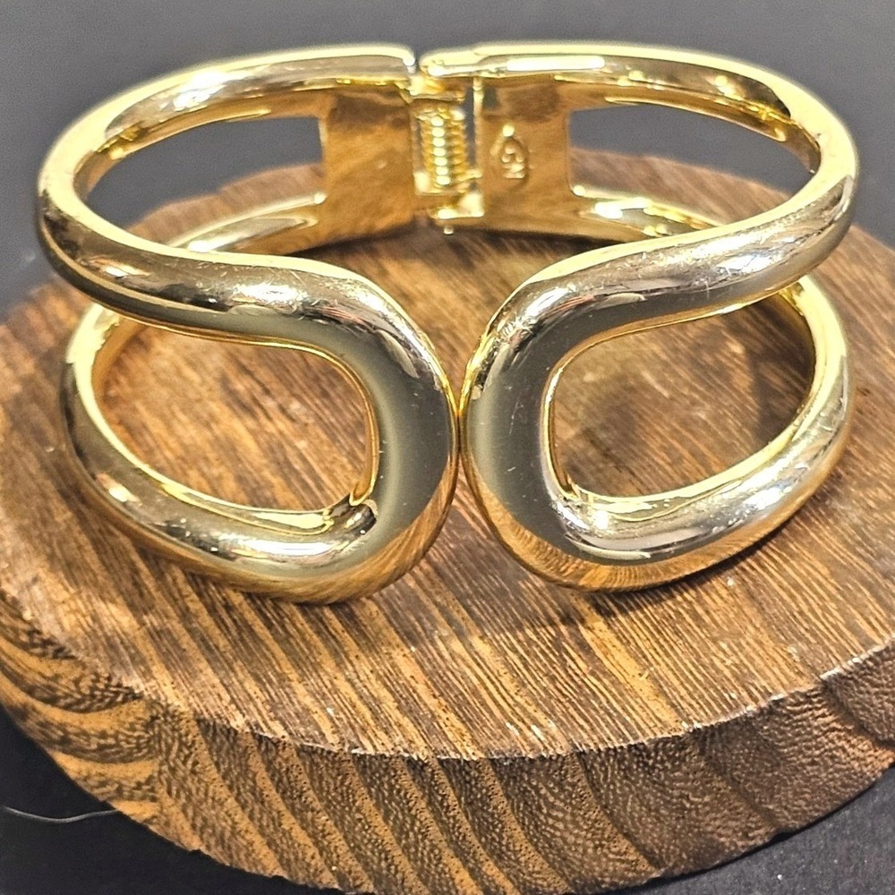 CN Gold Tone Hinge Cuff Bracelet Modernist Sculptural Bangle Statement Jewelry